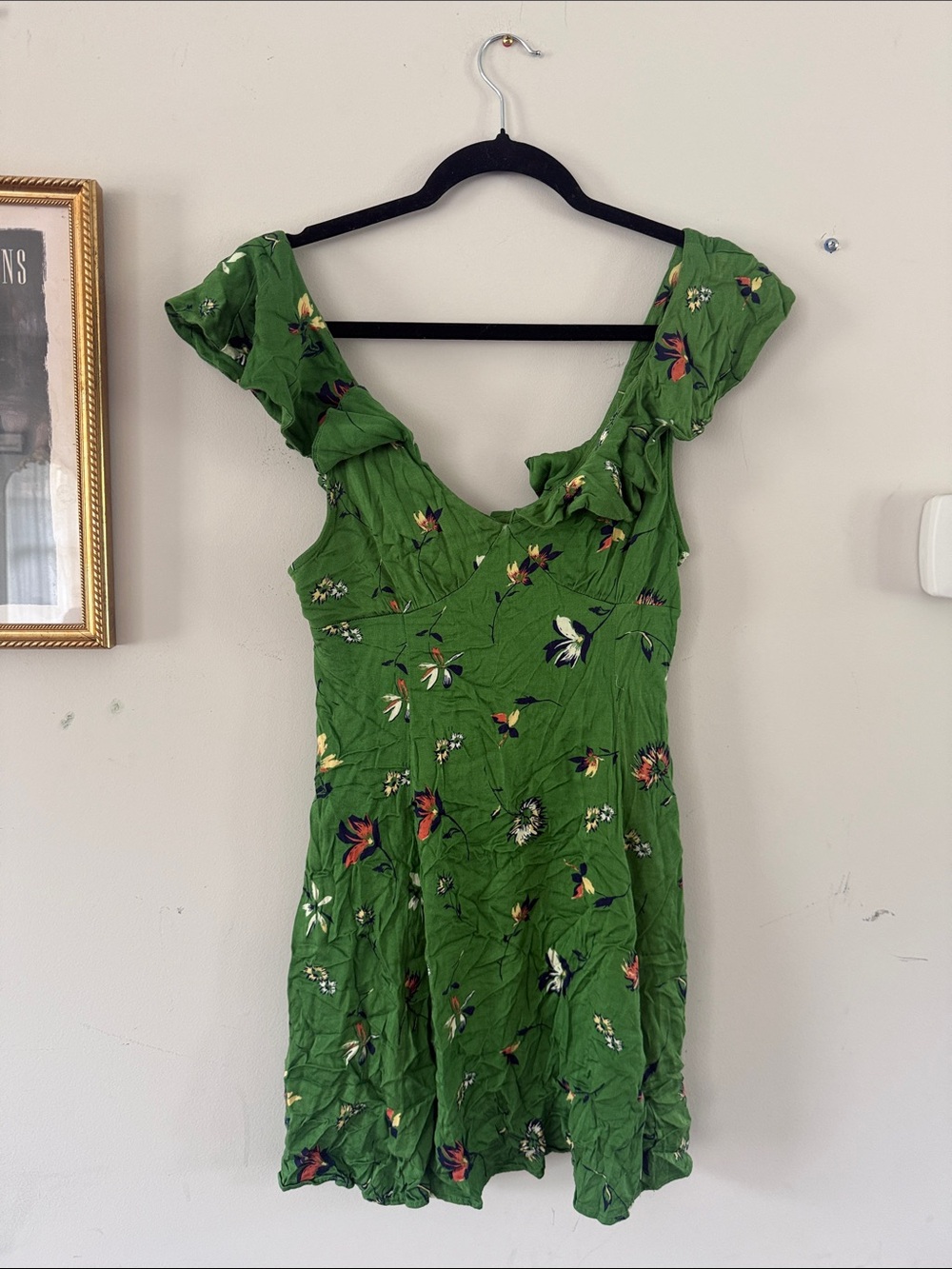 Kimchi Blue Green Floral Ruffle-Sleeve Mini Dress